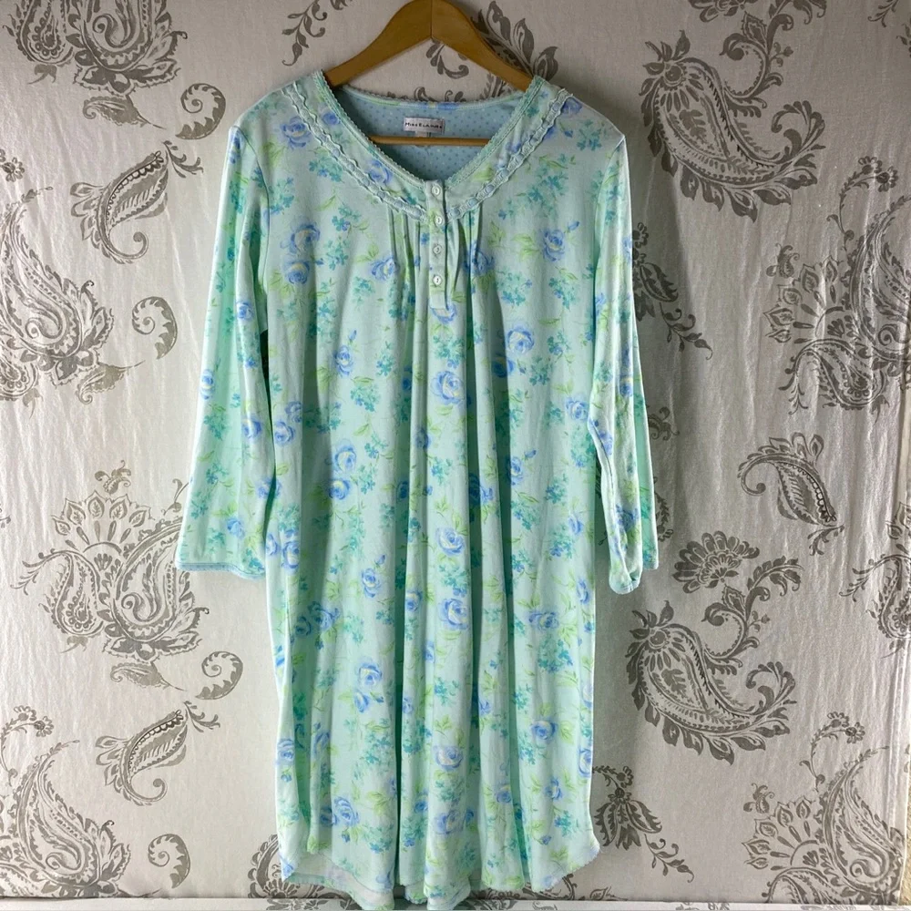 Miss Elaine Long Nightgown Lace Blue Floral Long Sleeve Soft Cotton blend